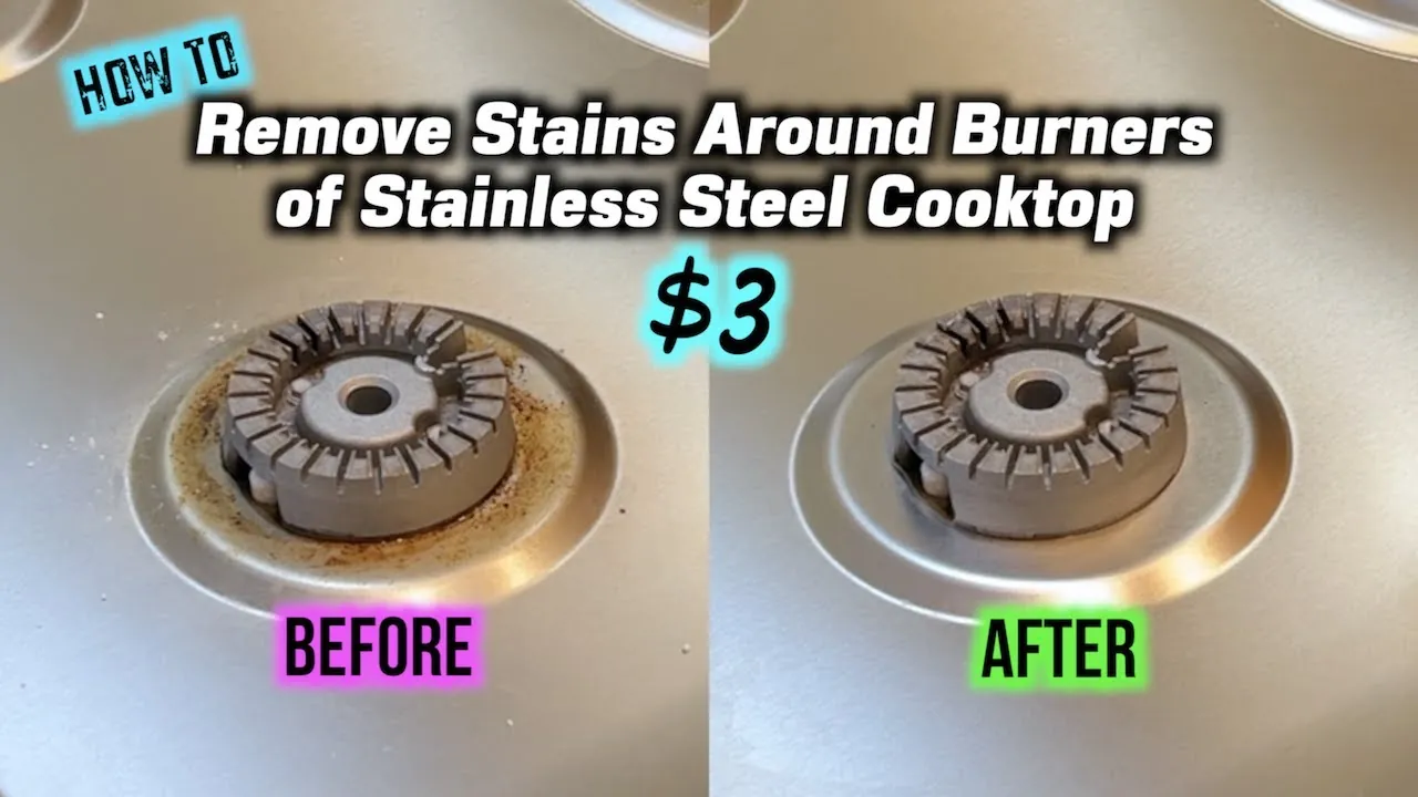 Gloved hand spreading baking soda paste over a stove top burn stain