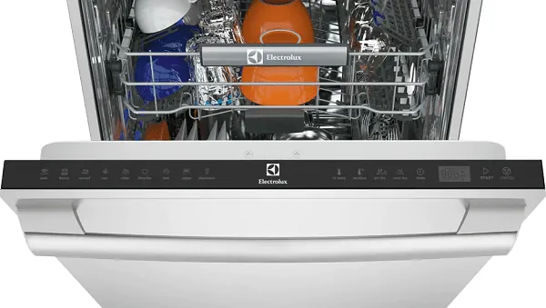 Hand reaching toward a dishwasher control panel with a glowing error code display