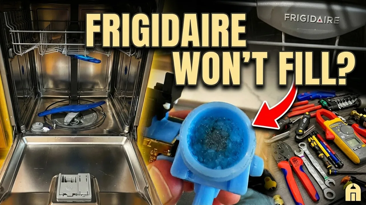 Hands holding torn dishwasher filter screen and toothbrush for repair