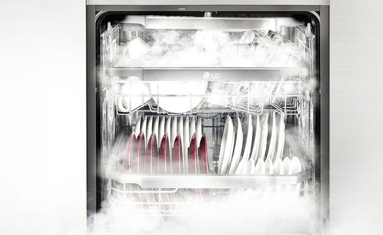 Open LG dishwasher with spotted dishes in the lower rack