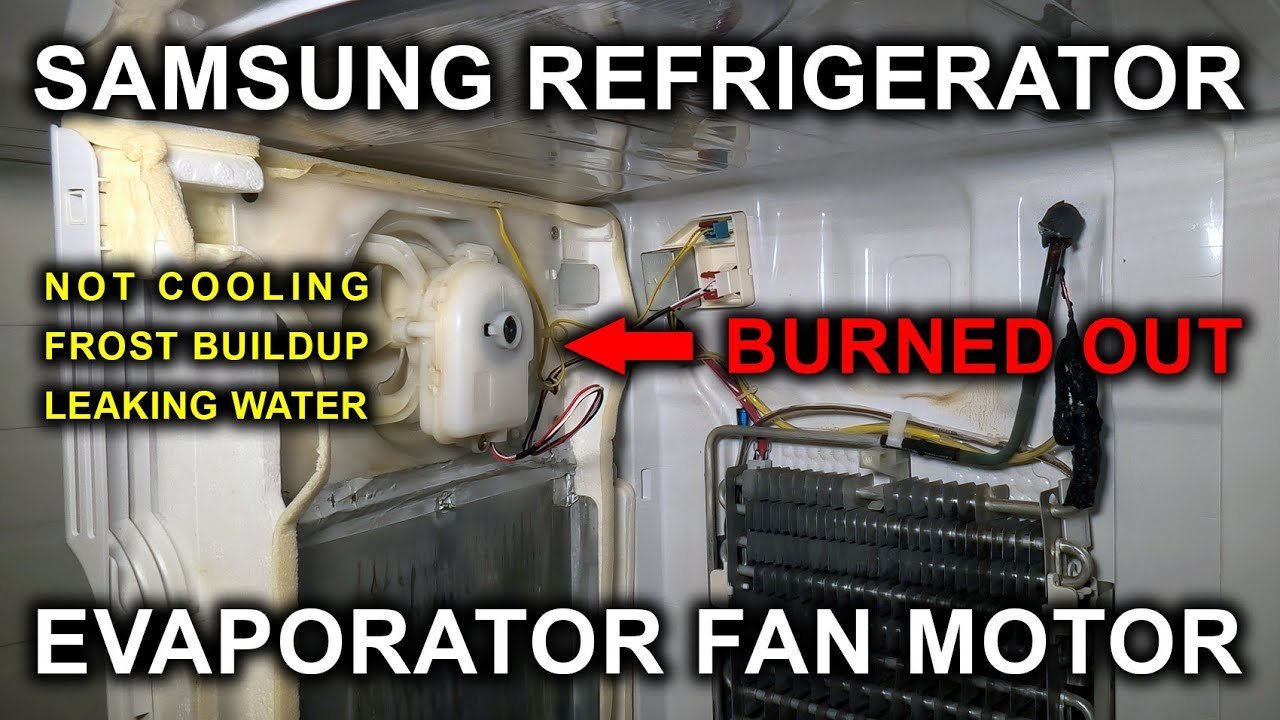 Open Samsung fridge freezer showing the evaporator fan and frosted coils
