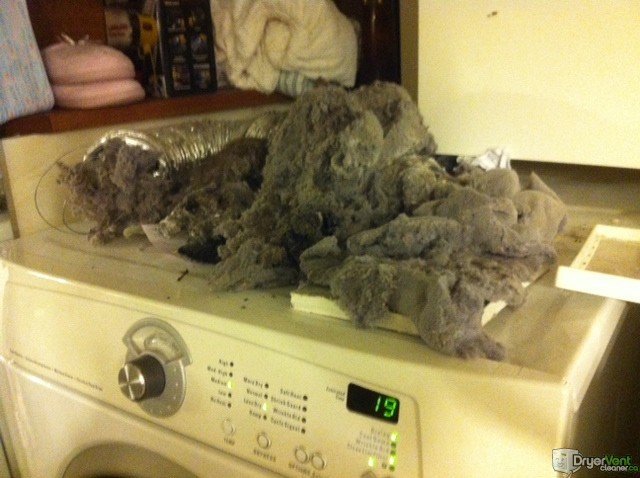 Open tumble dryer in a bright laundry room showing its empty drum