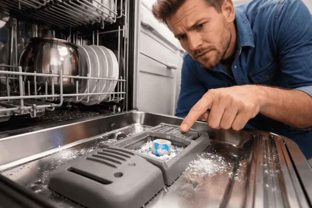 Replacement dishwasher dispenser assembly and tools laid out on a countertop
