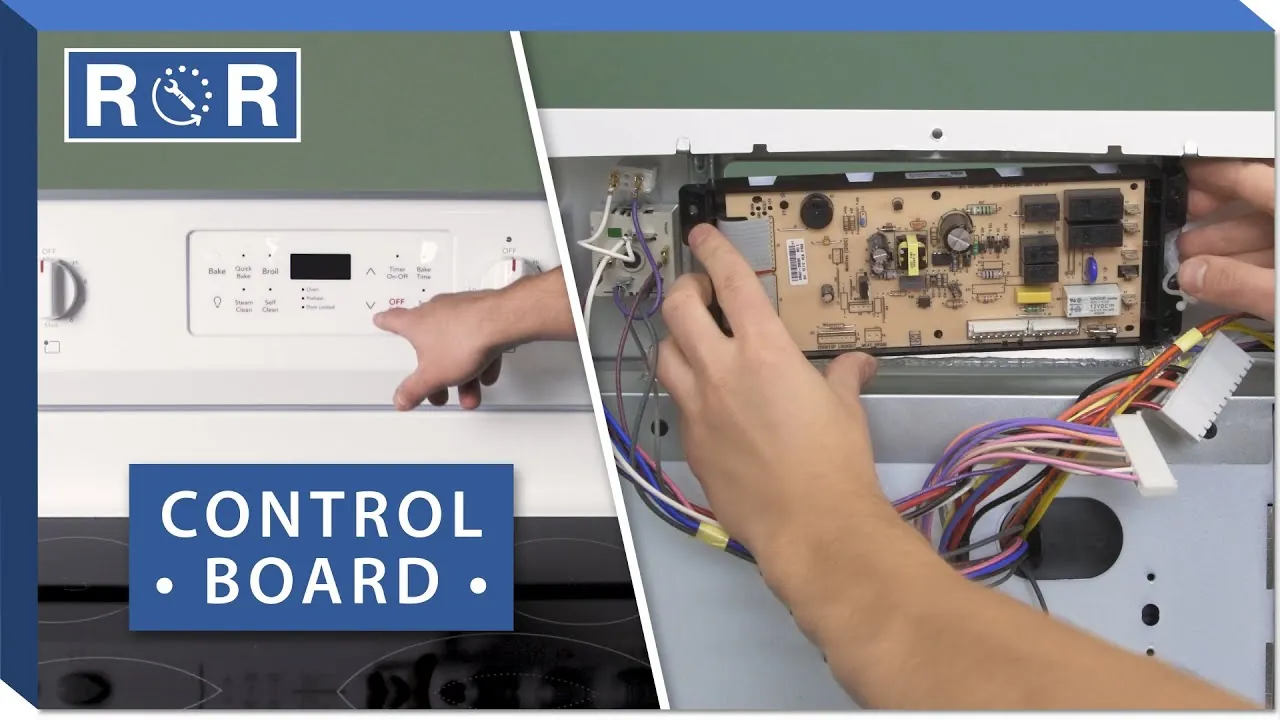 Replacement oven control board and tools on kitchen counter during repair