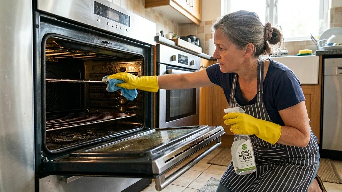 Self-cleaning oven running overnight in a dim kitchen