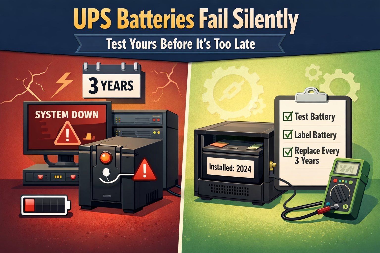 UPS battery unit showing red warning light beside a home office desk