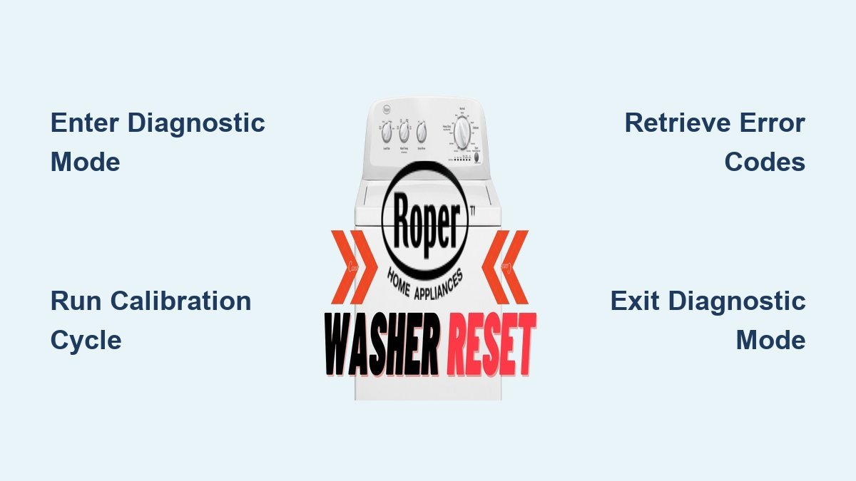 White Roper washing machine in a bright laundry room ready for reset